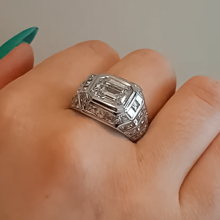 Stylish 4 ctw Emerald Cut White Gemstone Pavé Ring -JOSHINY