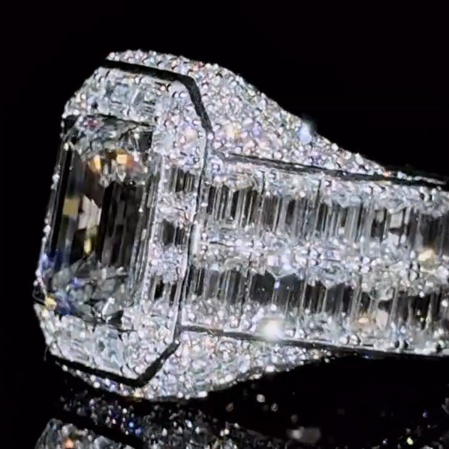 10ctw Emerald and Baguette Cut Luxury Pave Set Engagement Ring-JOSHINY