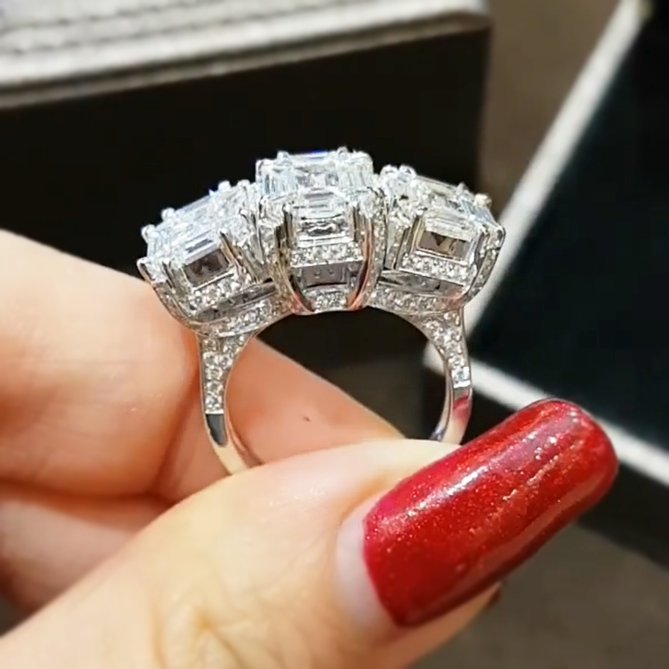 Gorgeous 14 ctw Emerald Cut White Gemstone Three Stone Engagement Ring -JOSHINY