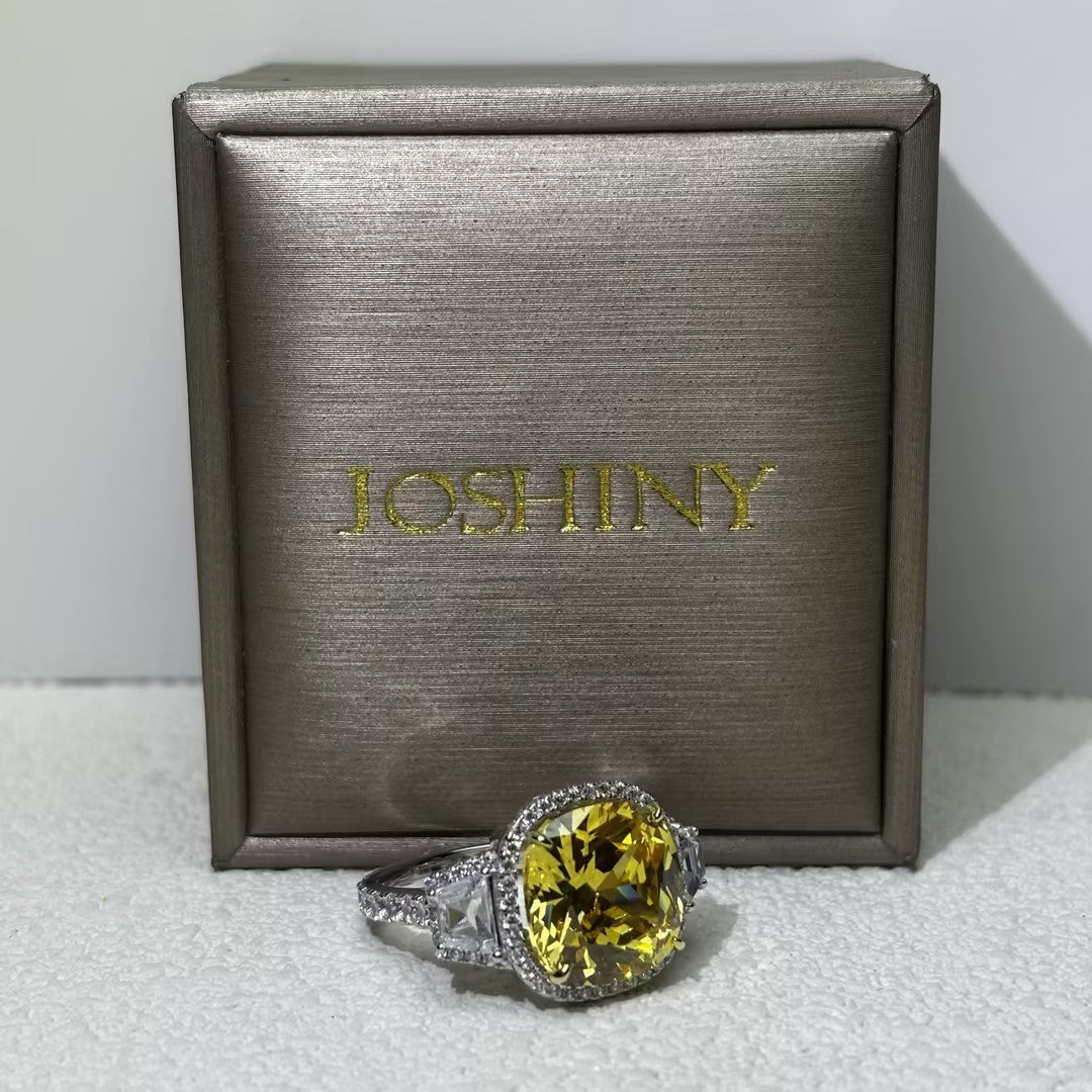 10.24 CTW Cushion Cut Yellow Cubic Zirconia 925 Sterling Silver Ring -JOSHINY