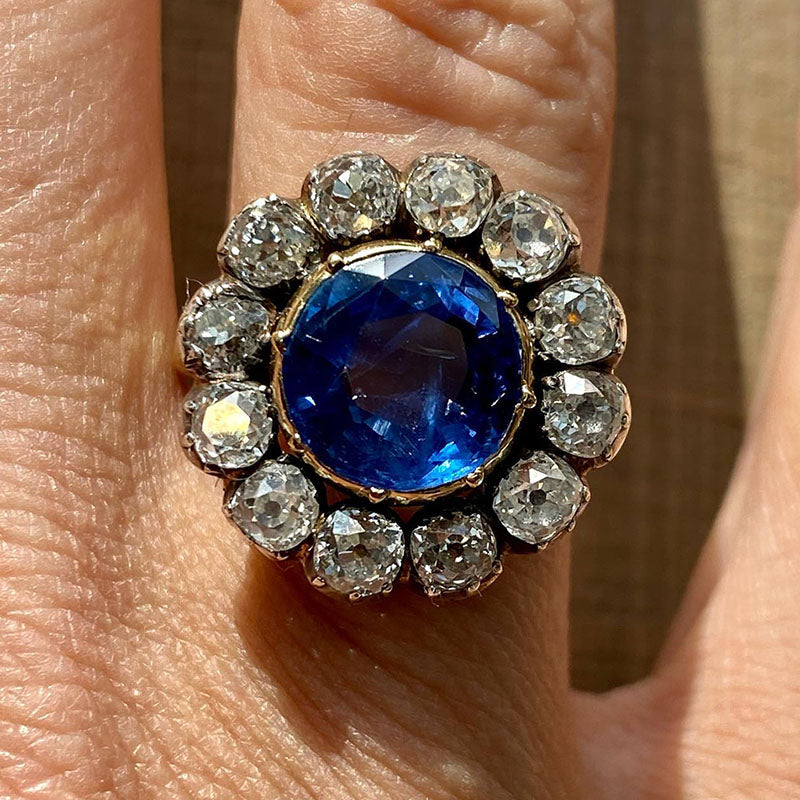 7.0ctw Old Mine Cut Antique Blue Gemstone Ring -JOSHINY