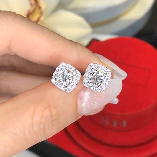 3.02ctw Cushion Halo Stud Earrings -JOSHINY