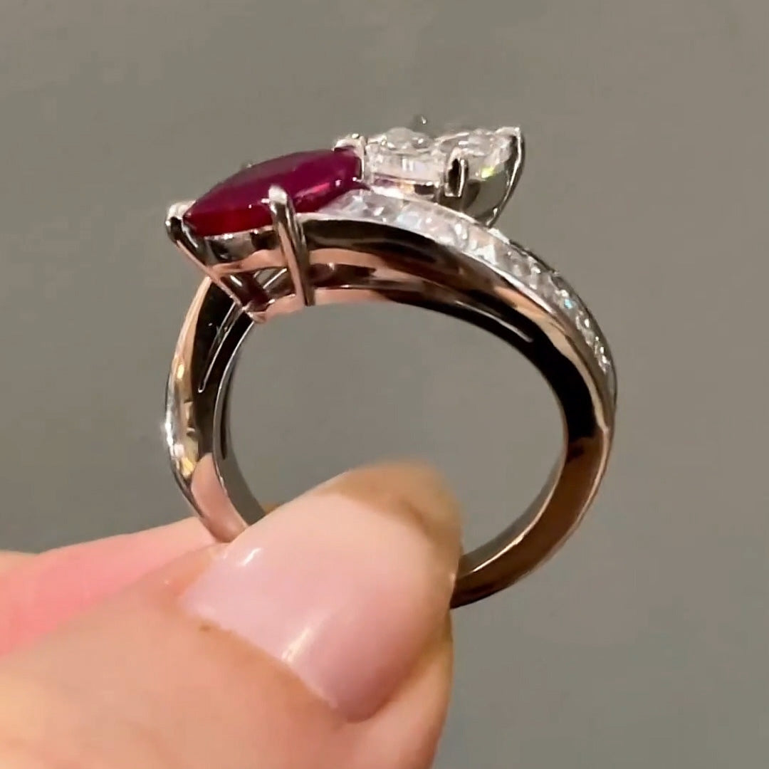 8ctw Cushion-cut red and white gemstone crossover ring -JOSHINY