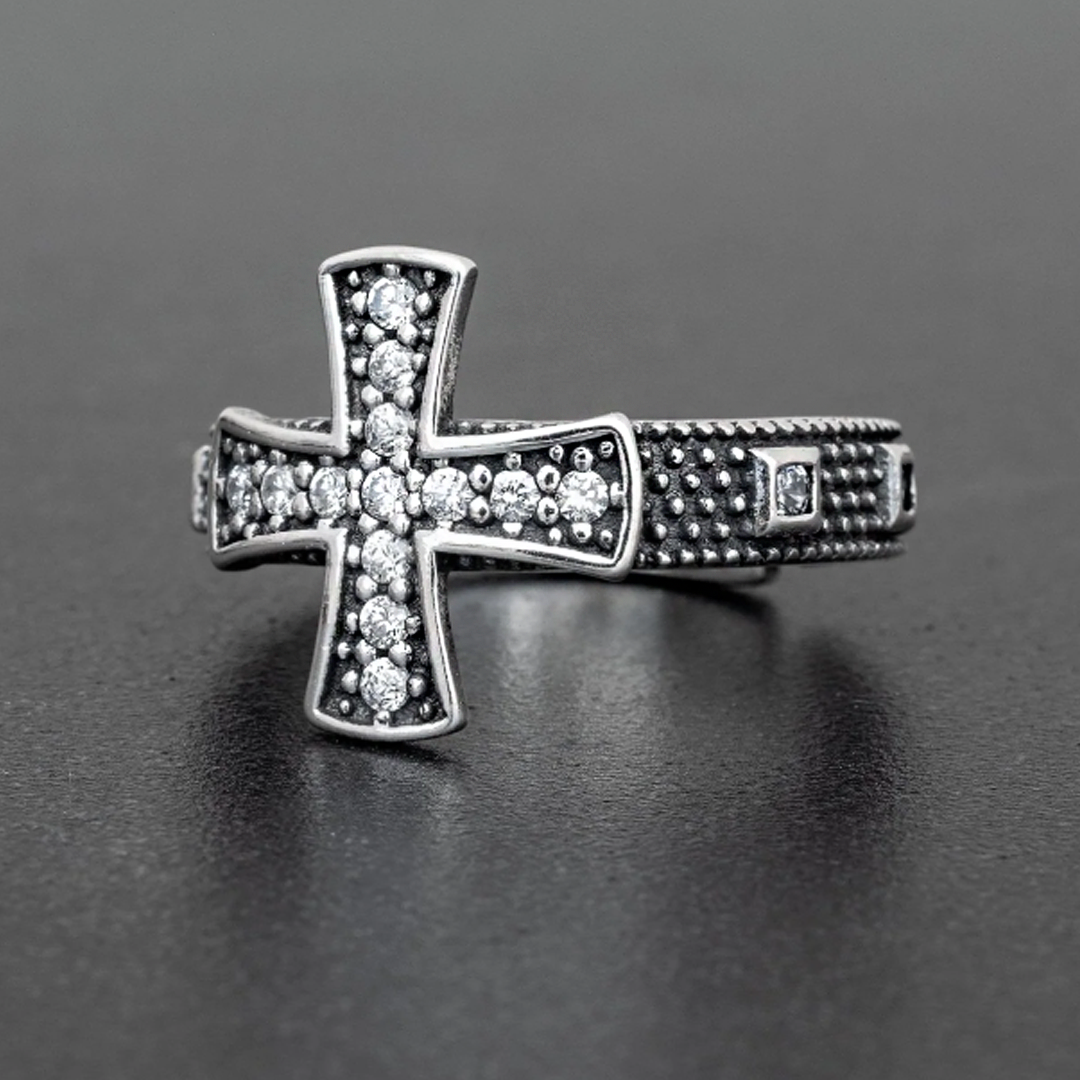 Personalized 0.3 ctw Round Cut White Gemstone Cross Men's Ring -JOSHINY