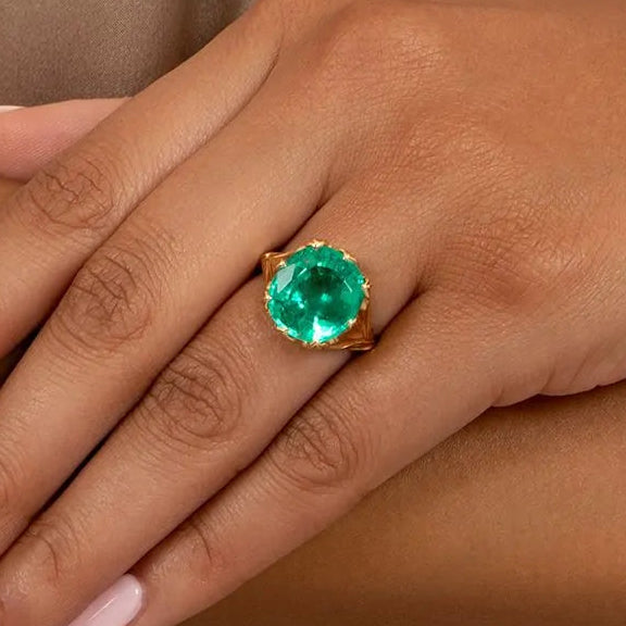 4Ctw Gold Leaf Carved Emerald Ring-JOSHINY