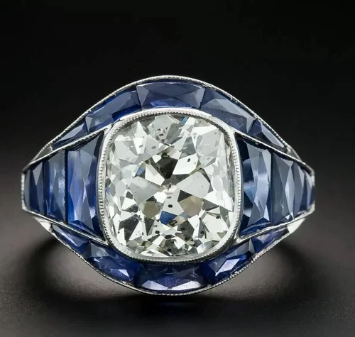 8 ctw Cushion Cut White Gemstone Art Deco Engagement Ring -JOSHINY