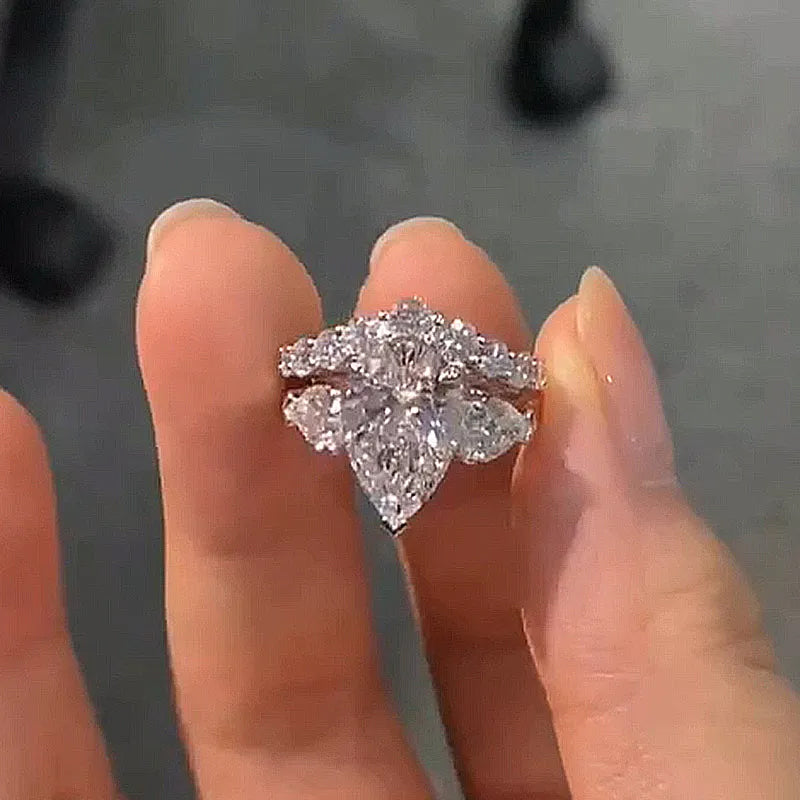 3CT Pear Double Main Stone Ring Teardrop Baguette Ice Chip Cut High