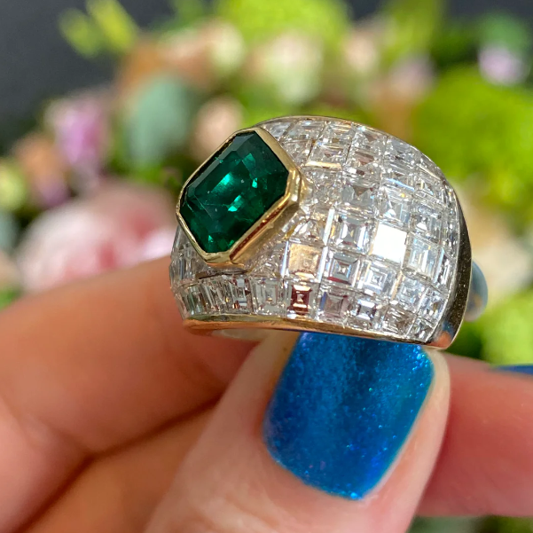 6 ctw Asscher Cut Fantasy Vintage Emerald Ring -joshiny