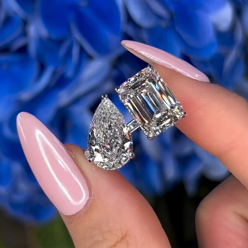8ctw Pear and Emerald Cut Two Stone Engagement Ring
