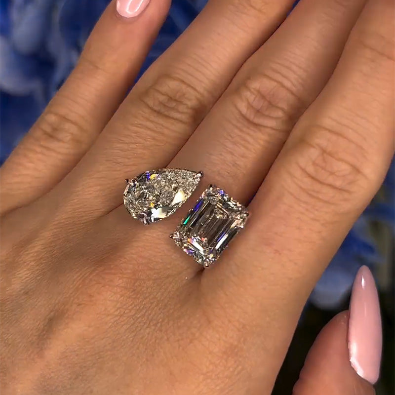 8ctw Pear and Emerald Cut Two Stone Engagement Ring