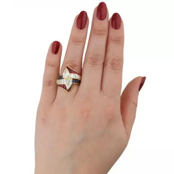 Tricolor Vintage Pear Cut Ruby and Sapphire Ring