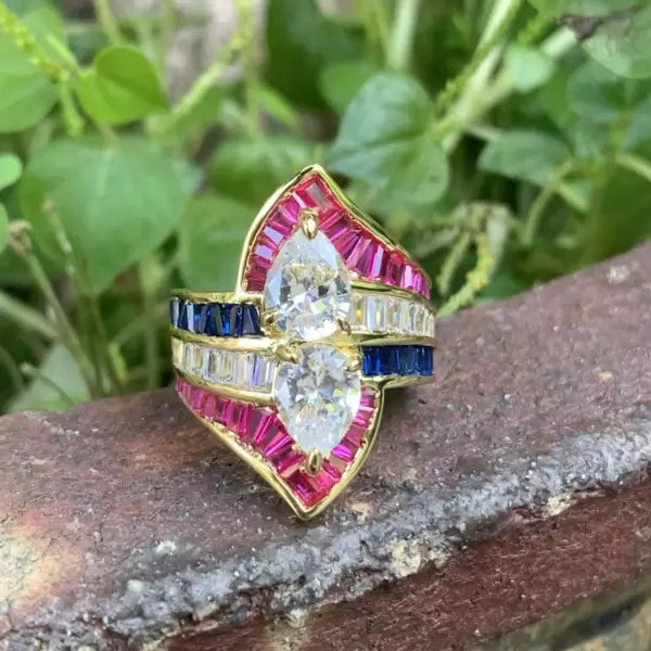 Tricolor Vintage Pear Cut Ruby and Sapphire Ring