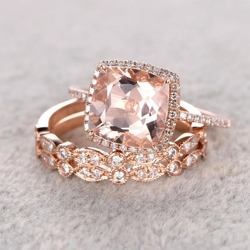 4 ctw Cushion Cut Pink Morganite 3PC Wedding Band Set