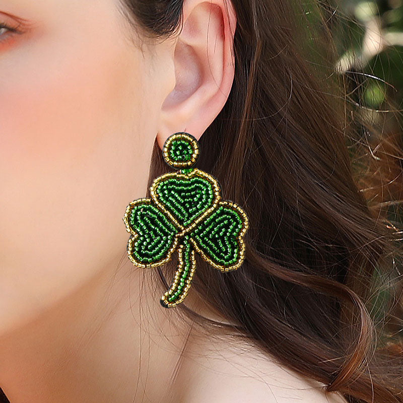 Small Fresh Green Shamrock Rice Bead Earrings -JOSHINY
