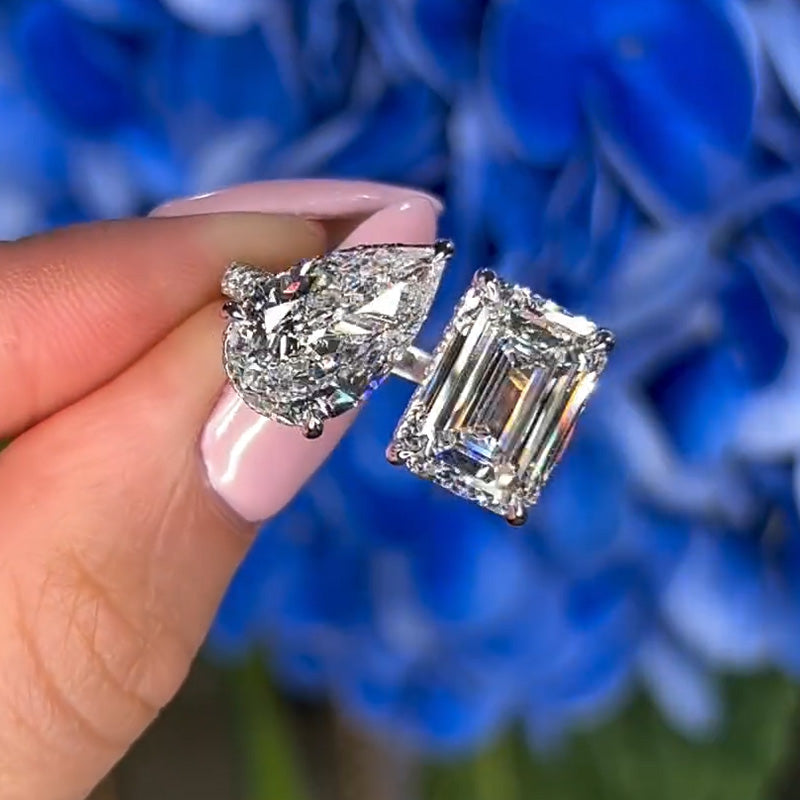 8ctw Pear and Emerald Cut Two Stone Engagement Ring