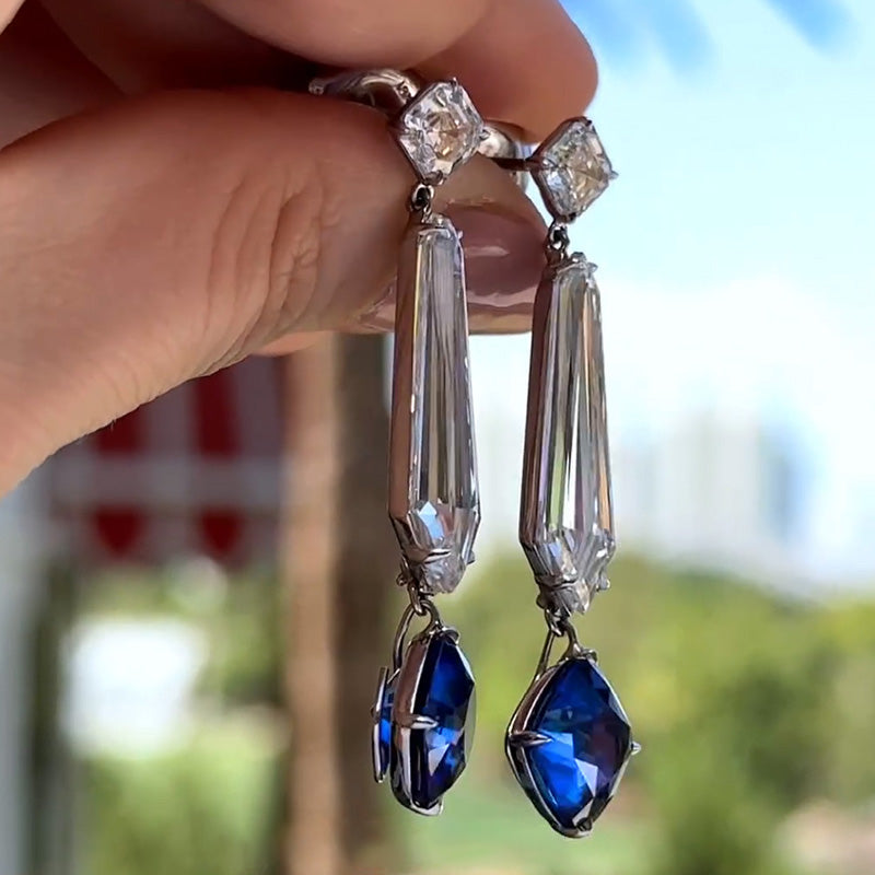 8ctw Asscher Cut Two Color Three Stone Drop Earrings