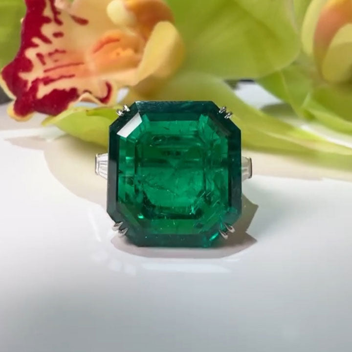 4.03ct Colombian Style Emerald Asscher Cut Diamond Ring -JOSHINY