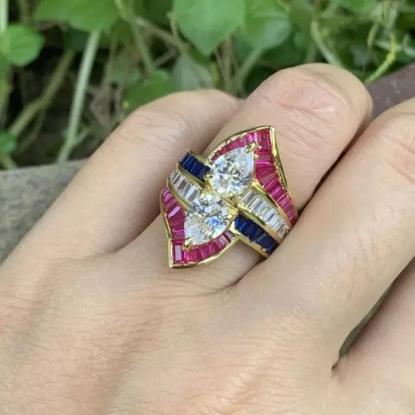 Tricolor Vintage Pear Cut Ruby and Sapphire Ring