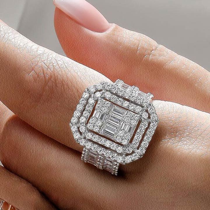 5.58ctw Baguette and Radiant Cut Wide Shank Halo Ring -JOSHINY