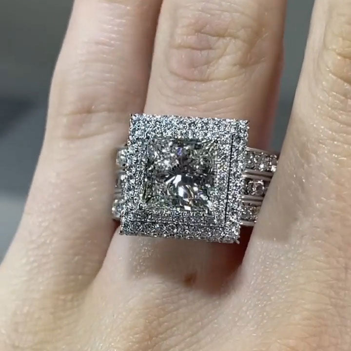 3.6ct Princess Cut Triple Row Diamond Engagement Ring -JOSHINY