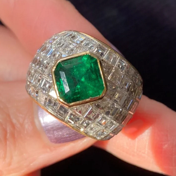6 ctw Asscher Cut Fantasy Vintage Emerald Ring -joshiny