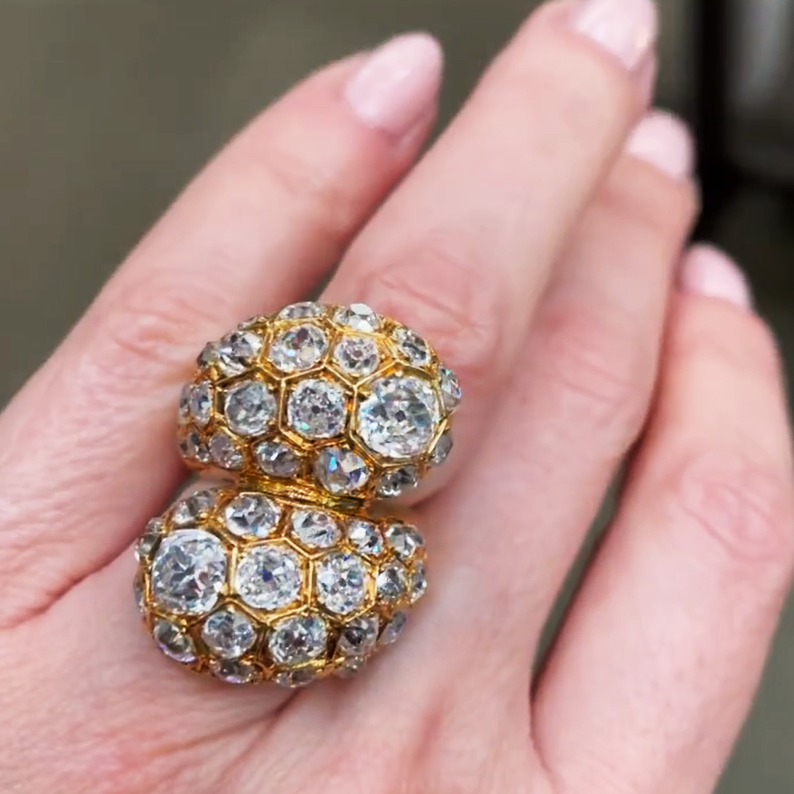 15 ctw Vintage Round Cut White Gemstone Gold Bypass Ring -JOSHINY