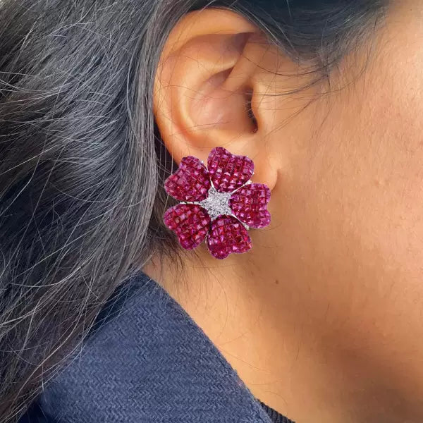 17ctw Invisible Set Ruby Flower Earrings