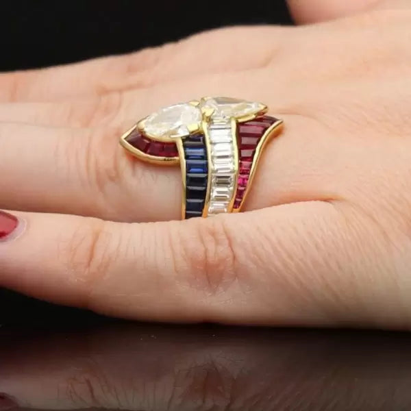 Tricolor Vintage Pear Cut Ruby and Sapphire Ring