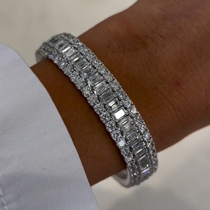 60ctw Baguette and Round Cut Triple Row Diamond Bracelet -JOSHINY