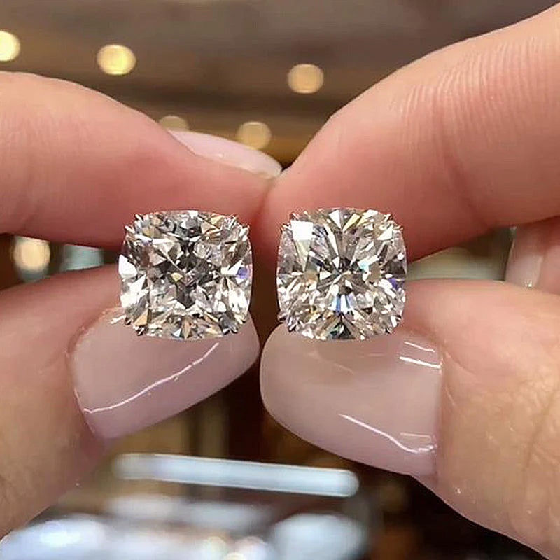 White Diamond Cushion Cut Stud Earrings-JOSHINY