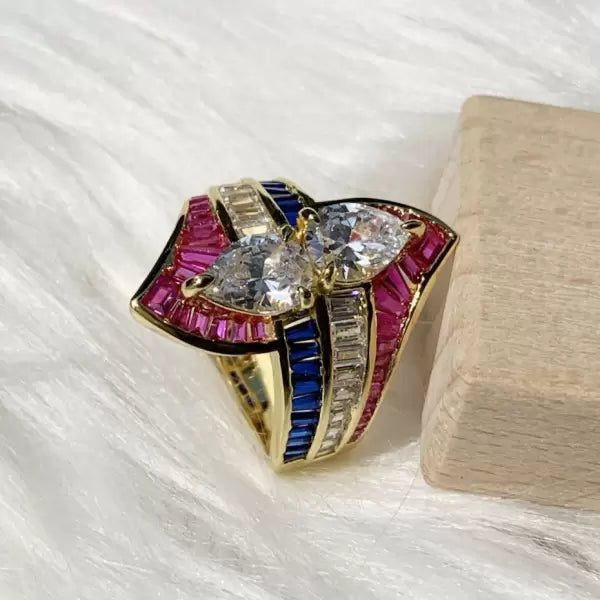 Tricolor Vintage Pear Cut Ruby and Sapphire Ring