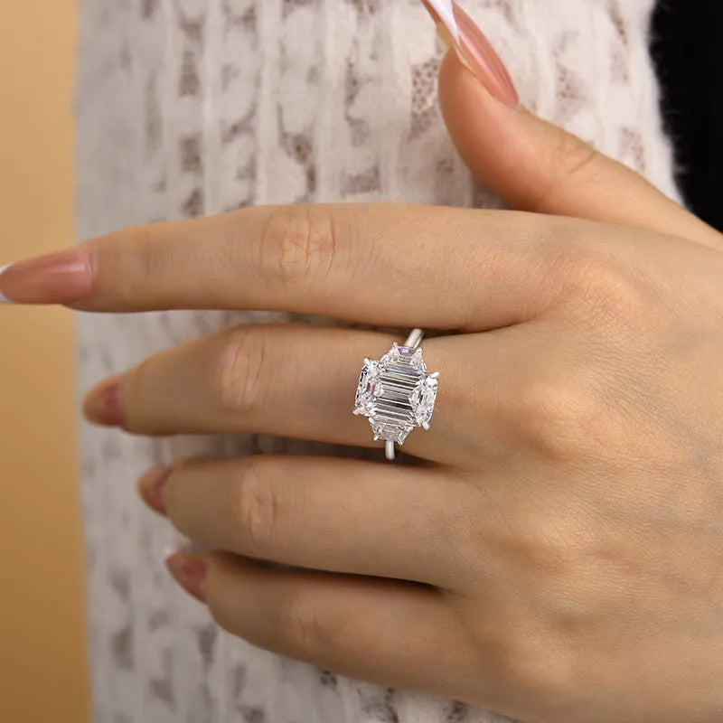 Emerald Cut Stepped Three Stone Engagement Ring