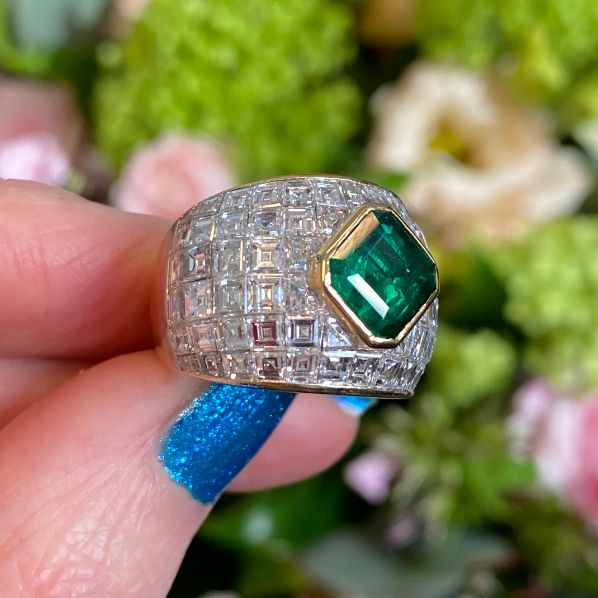 6 ctw Asscher Cut Fantasy Vintage Emerald Ring -joshiny