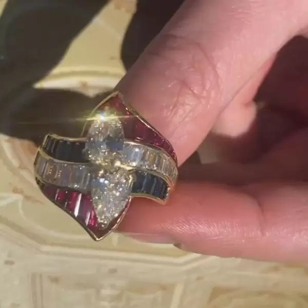 Tricolor Vintage Pear Cut Ruby and Sapphire Ring