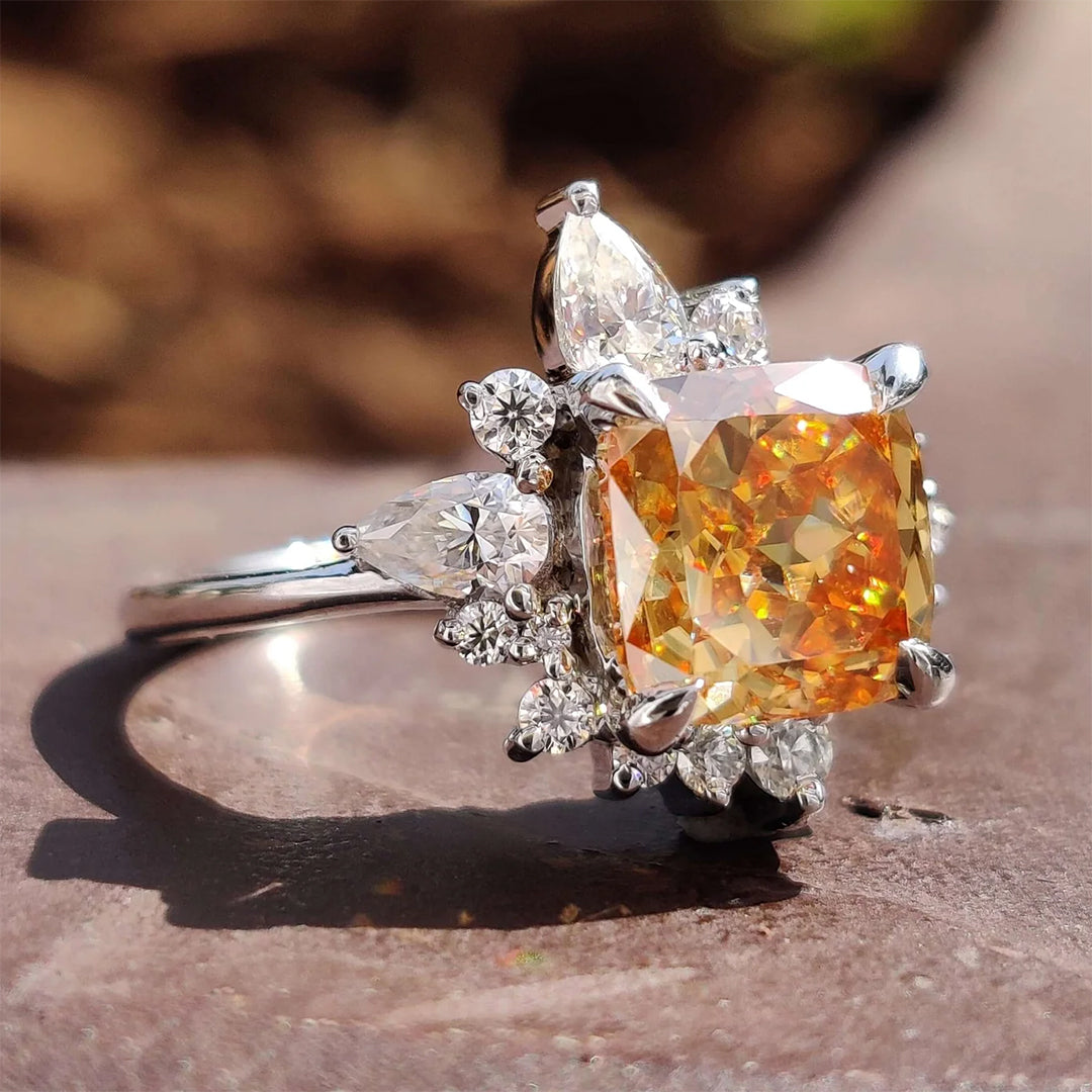 1.9ct Orange Cushion Cut Vintage Style Flower Engagement Ring