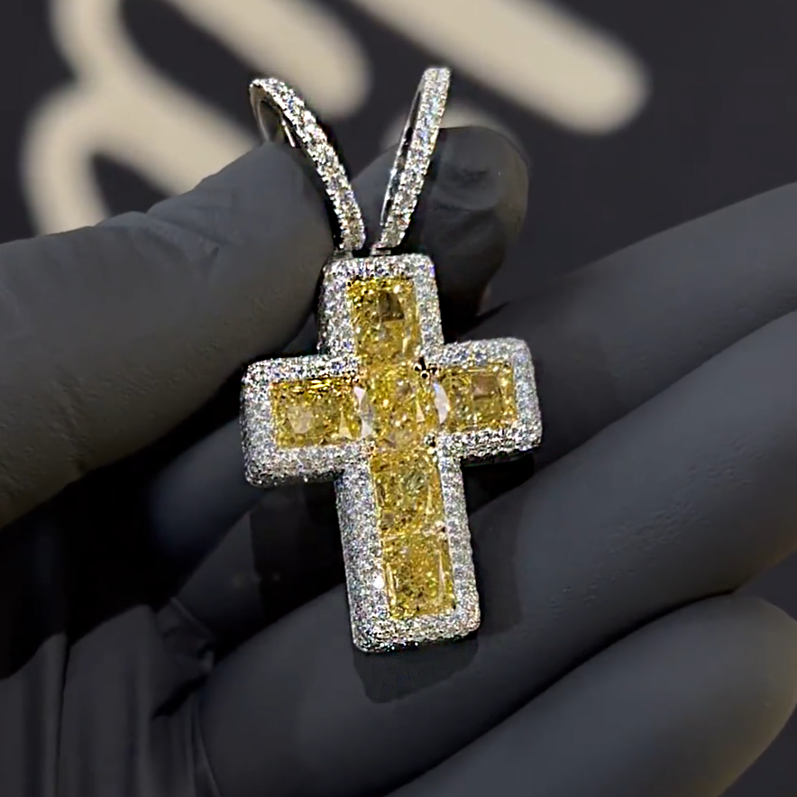 12ct Cushion Cut Yellow Gemstone Pave Set Cross Pendant -joshiny