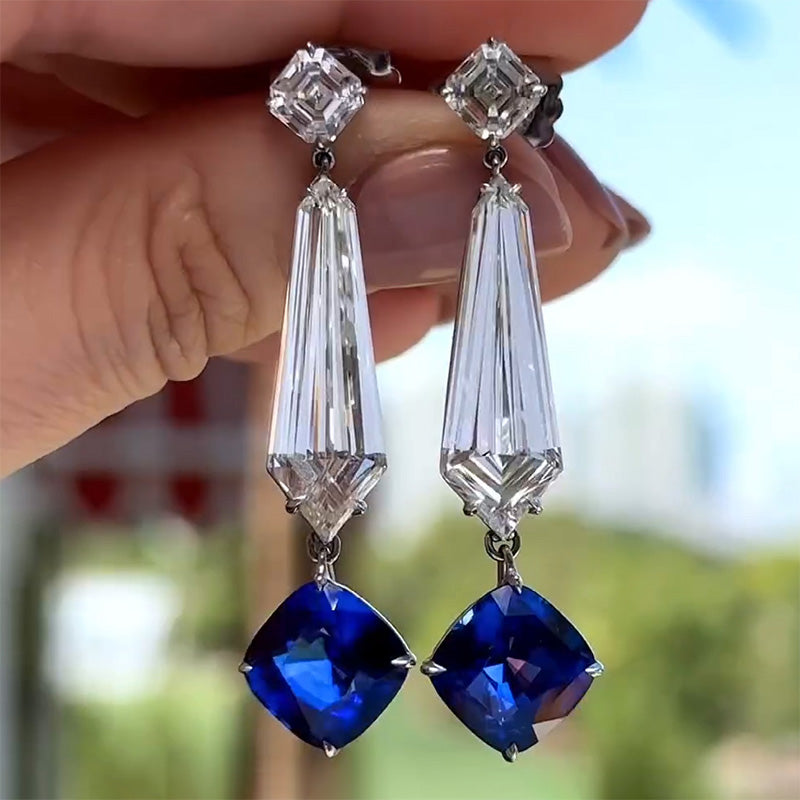 8ctw Asscher Cut Two Color Three Stone Drop Earrings