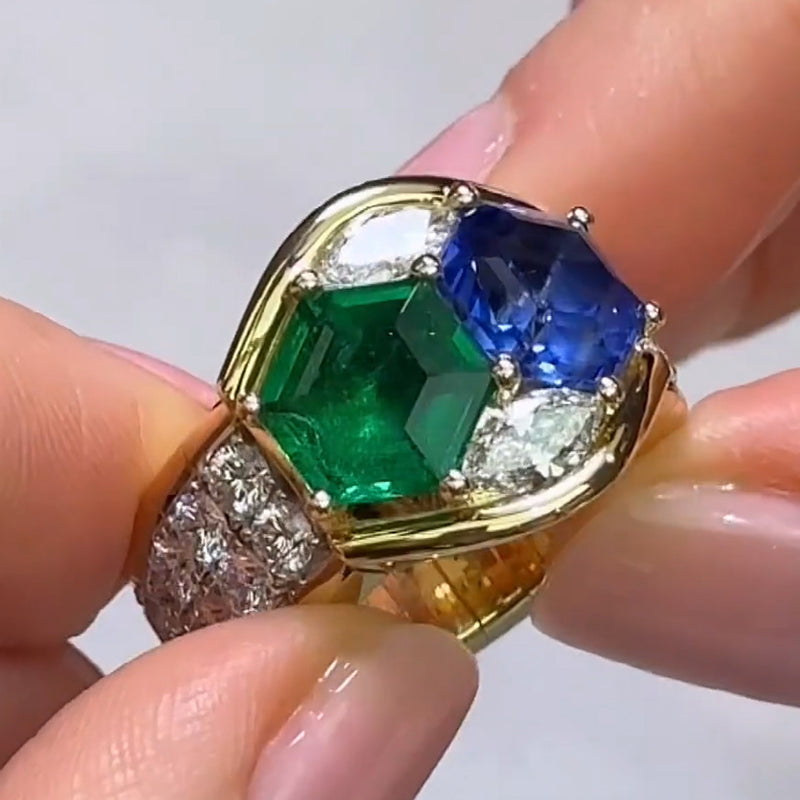 Hexagonal cut blue and green bicolour gemstone diamond ring -JOSHINY