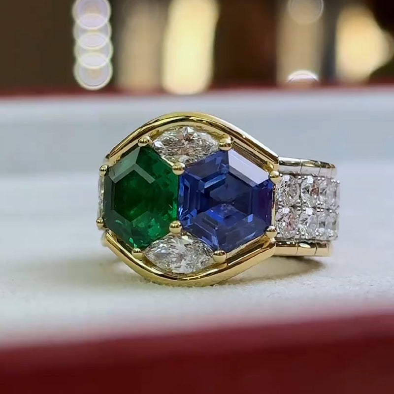 Hexagonal cut blue and green bicolour gemstone diamond ring -JOSHINY