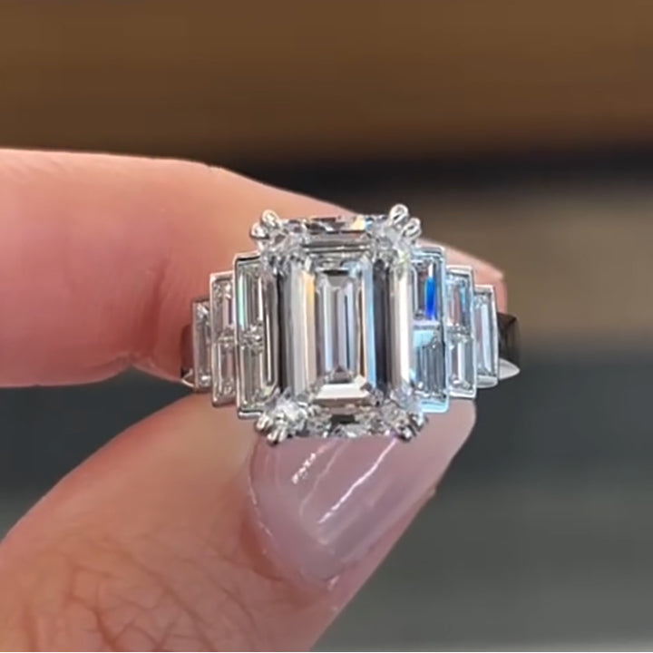 6ct Emerald Cut Step Engagement Ring -JOSHINY
