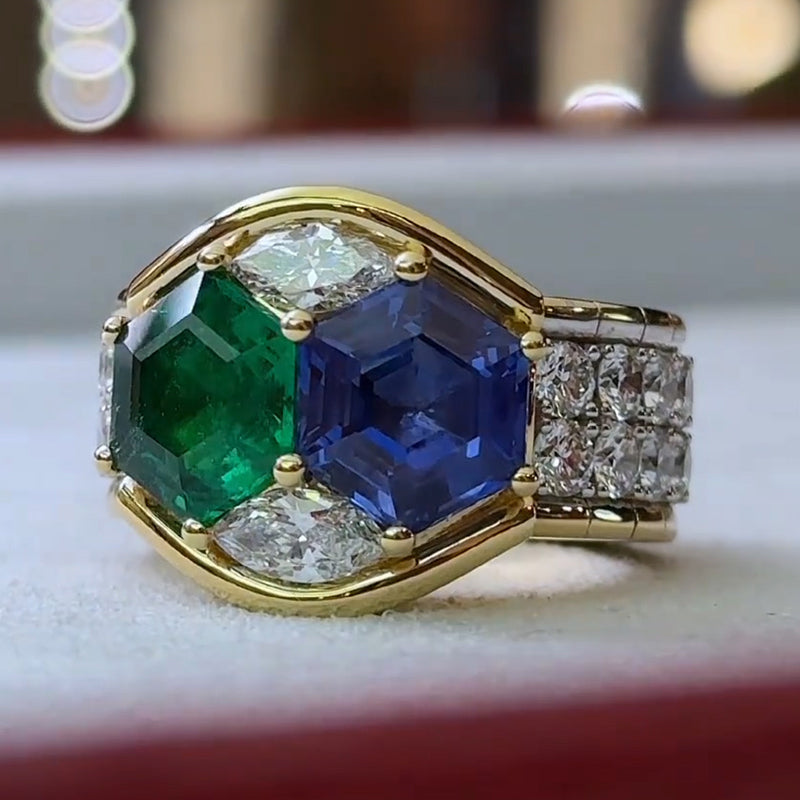 Hexagonal cut blue and green bicolour gemstone diamond ring -JOSHINY