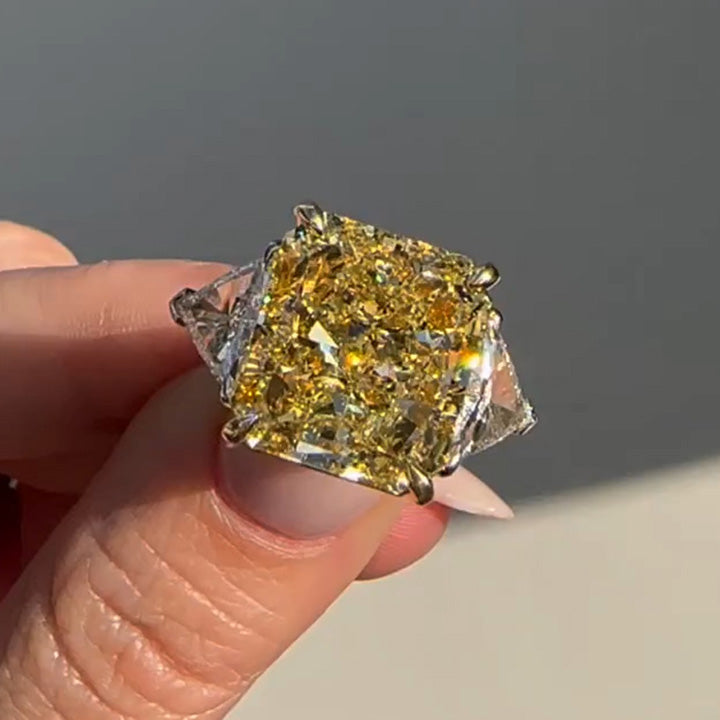 12ct Radiant Cut Yellow Main Stone Three Stone Engagement Ring -joshiny