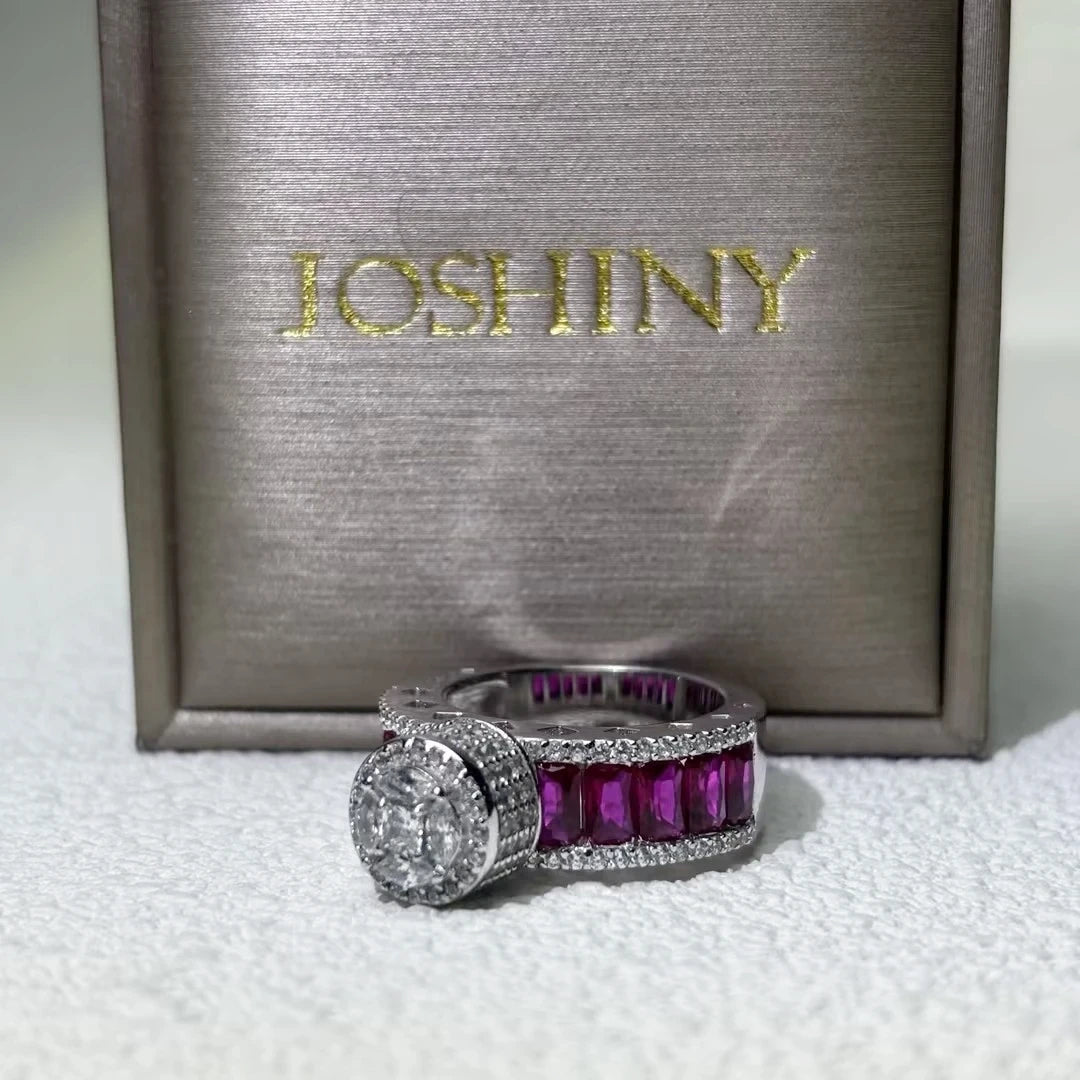 4 CTW Emerald & Round Cut Red & Blue Cubic Zirconia 925 Sterling Silver Stylish Ring -JOSHINY