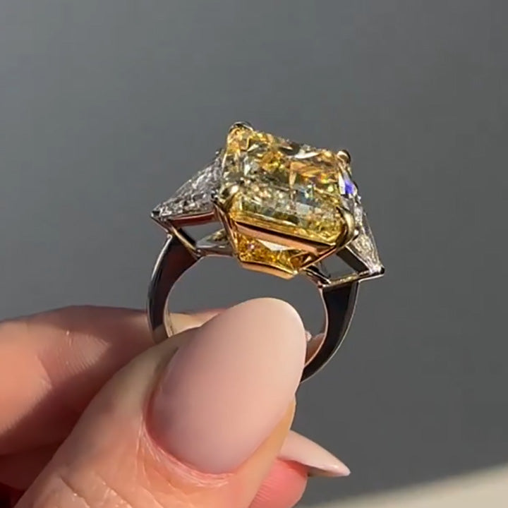 12ct Radiant Cut Yellow Main Stone Three Stone Engagement Ring -joshiny