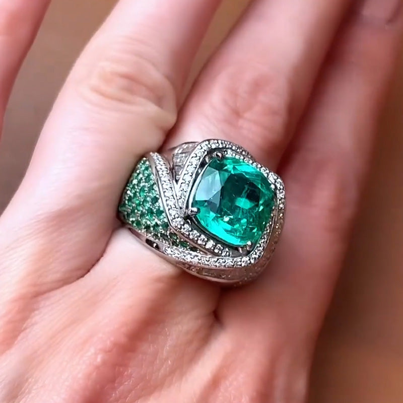 8.53ct Emerald Woven Diamond Ring -JOSHINY