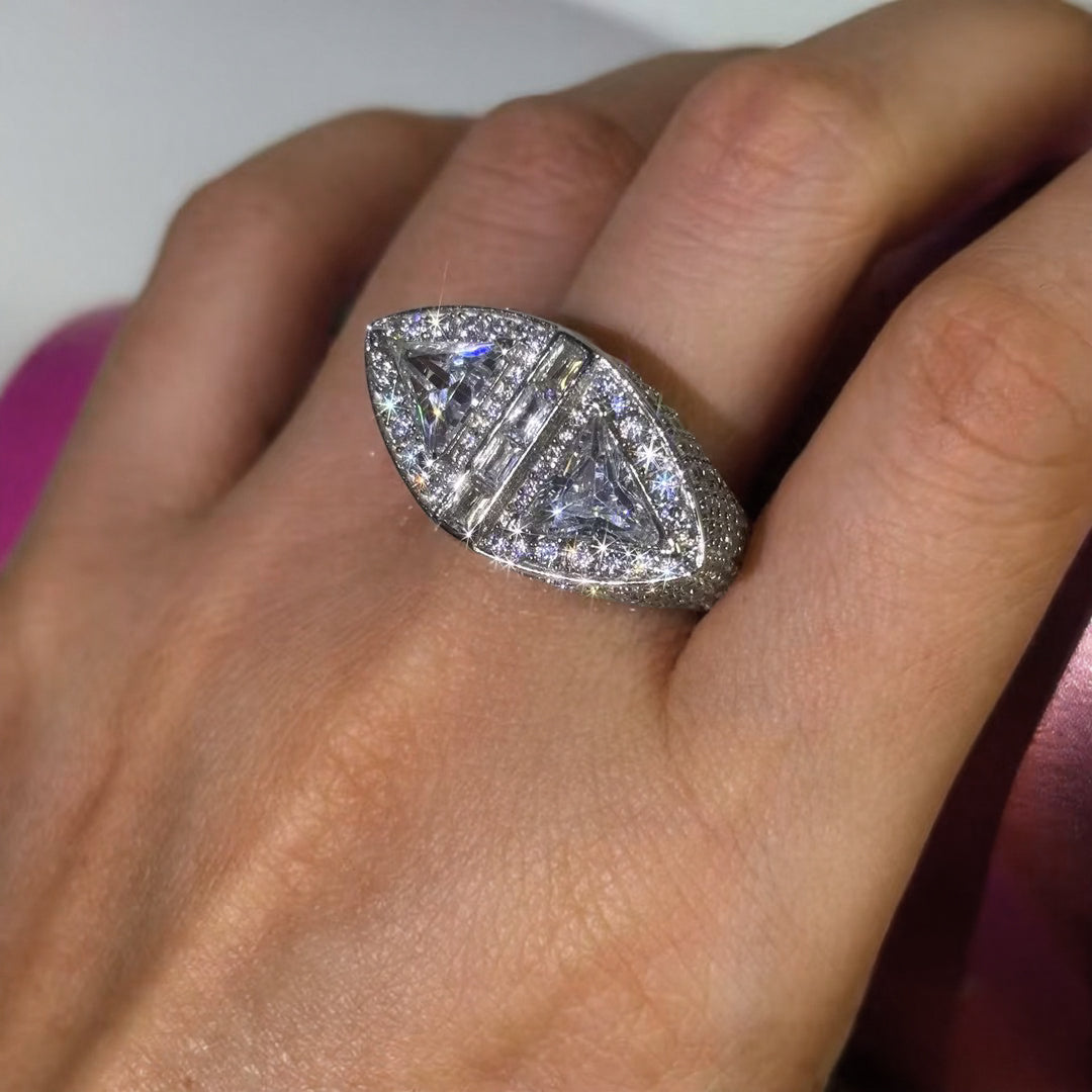 Stylish 9 ctw Triangle Cut White Gemstone Twin Stone Cocktail Ring -JOSHINY