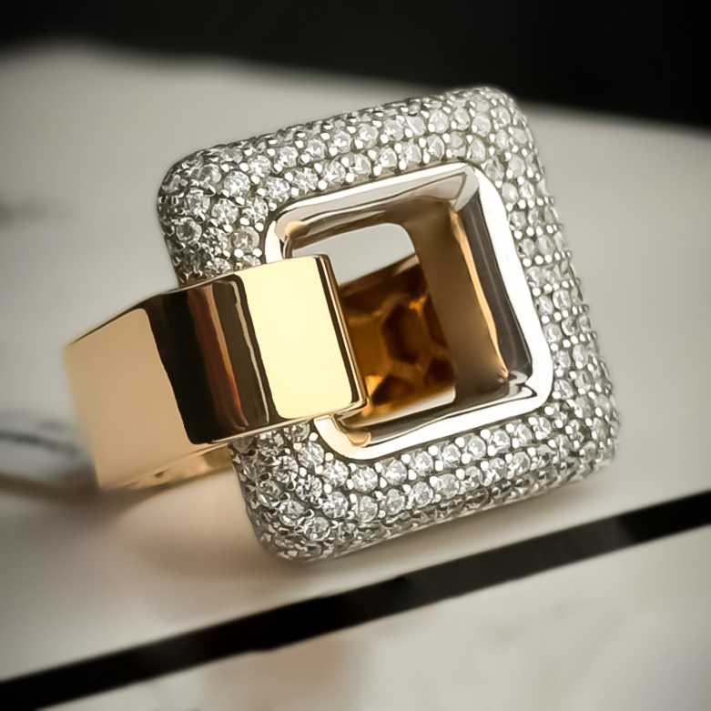 Stylish 1.5 ctw Round Cut White Gemstone Two Tone Pavé Square Buckle Ring -JOSHINY