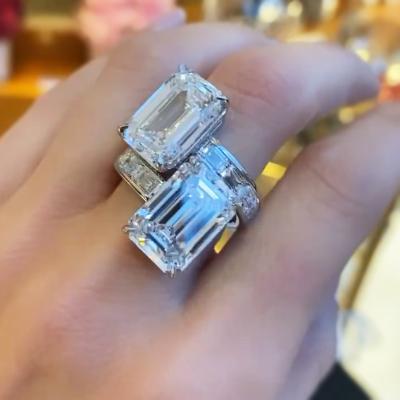 Unique 12 ctw Emerald Cut White Gemstone Two-Stone Ring -JOSHINY