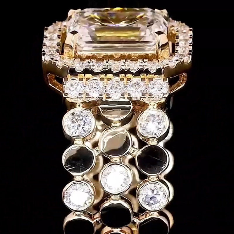 4.0ctw Emerald Cut Gemstone Gold Bead Alternating Multi-Row Gemstone Ring -JOSHINY