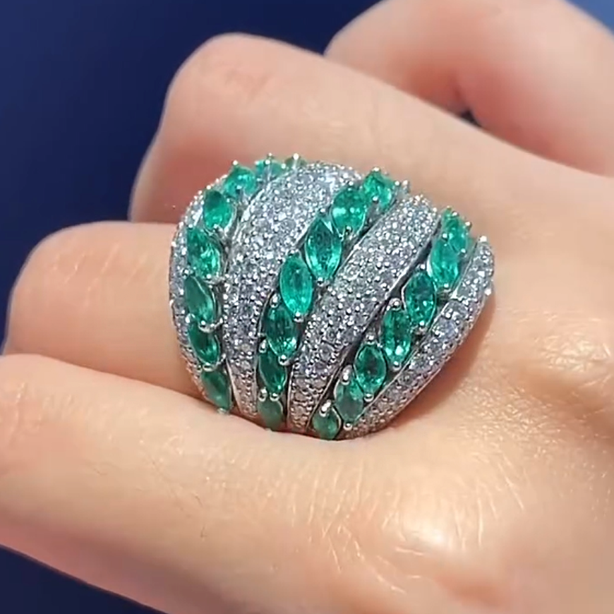 Elegant 6 ctw Marquise & Round Cut Emerald & White Stone Pavé Ring -JOSHINY